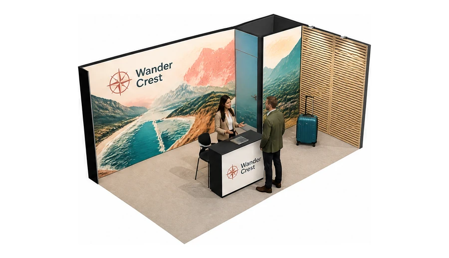 Stoisko 5 × 3 m narożne prawe dla branży biura podróży i regiony, przykładowa marka Wander Crest
