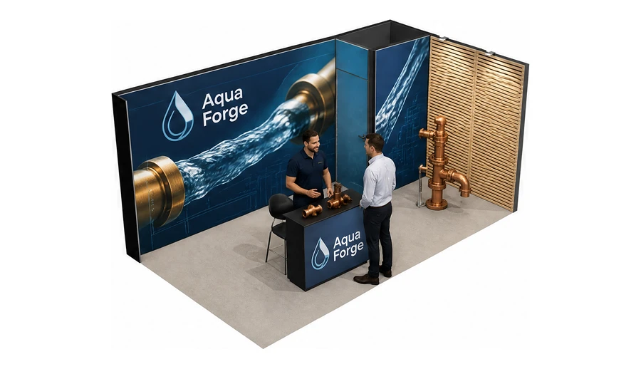 Stoisko 5 × 3 m narożne prawe dla branży instalacje wodno-kanalizacyjne, przykładowa marka Aqua Forge