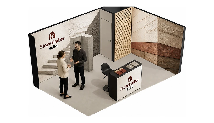 Stoisko 5 × 3 m narożne prawe dla branży materiały budowlane, przykładowa marka StoneHarbor Build