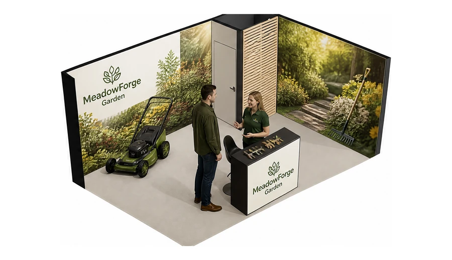 Stoisko 5 × 3 m narożne prawe dla branży ogród i architektura krajobrazu, przykładowa marka MeadowForge Garden