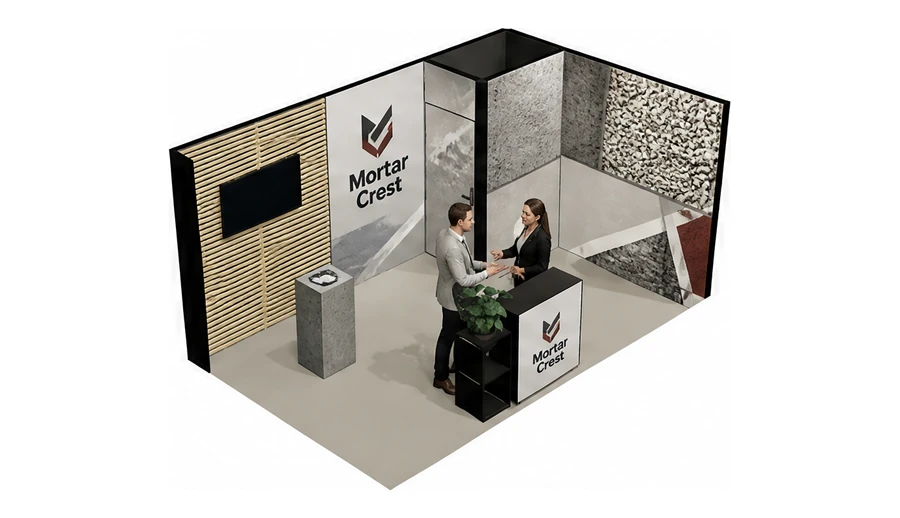 Stoisko 5 × 3 m narożne prawe dla branży materiały budowlane, przykładowa marka Mortar Crest