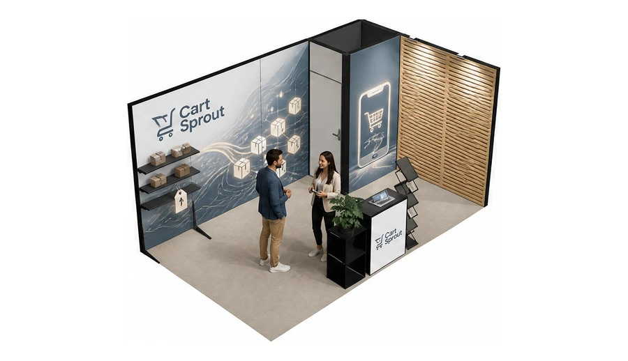 Stoisko 5 × 3 m narożne prawe dla branży e-commerce, przykładowa marka Cart Sprout