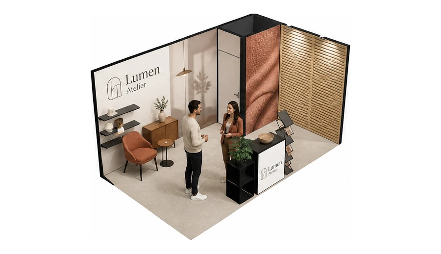 Stoisko 5 × 3 m narożne prawe dla branży meble designerskie, przykładowa marka Lumen Atelier