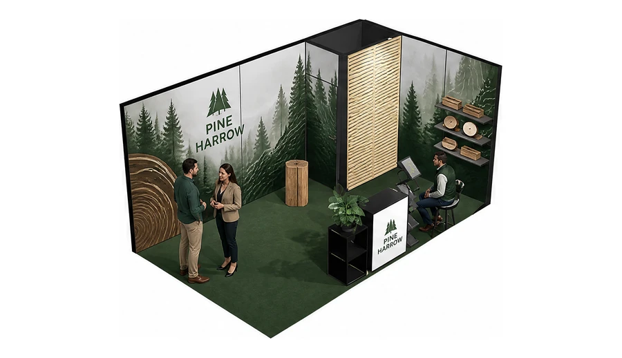 Stoisko 5 × 3 m narożne prawe dla branży leśnictwo i przemysł drzewny, przykładowa marka Pine Harrow