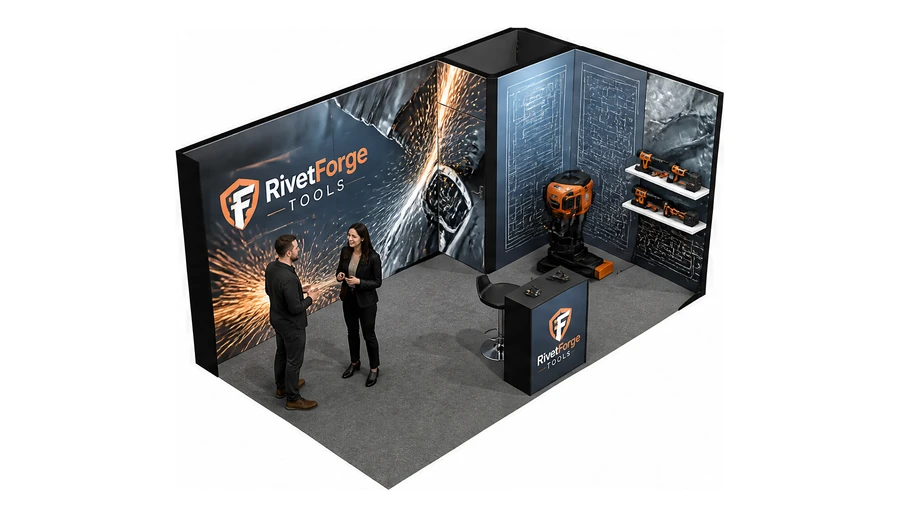 Stoisko 5 × 3 m narożne prawe dla branży elektronarzędzia, przykładowa marka RivetForge Tools