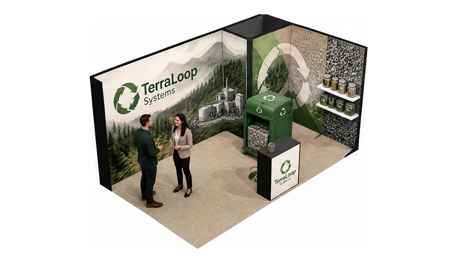 Stoisko 5 × 3 m narożne prawe dla branży recykling i ochrona środowiska, przykładowa marka TerraLoop Systems