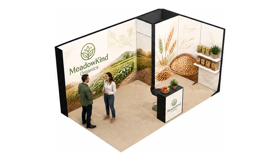 Stoisko 5 × 3 m narożne prawe dla branży żywność ekologiczna, przykładowa marka MeadowKind Organics