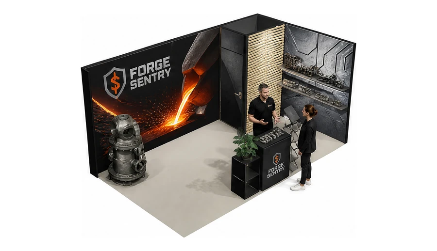 Stoisko 5 × 3 m narożne prawe dla branży obróbka metali i odlewnictwo, przykładowa marka Forge Sentry
