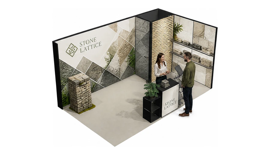 Stoisko 5 × 3 m narożne prawe dla branży kamień i kamieniarstwo, przykładowa marka Stone Lattice