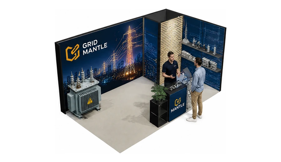 Stoisko 5 × 3 m narożne prawe dla branży energetyka i sieci, przykładowa marka Grid Mantle