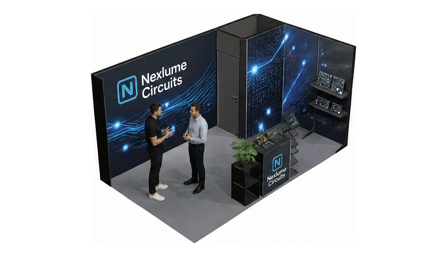Stoisko 5 × 3 m narożne prawe dla branży komponenty elektroniczne, przykładowa marka Nexlume Circuits