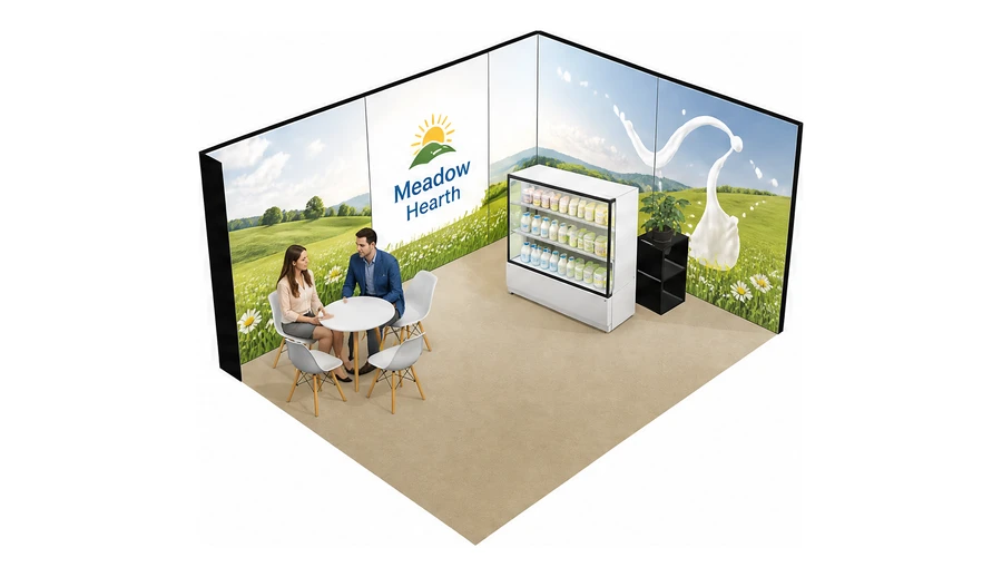 Stoisko 5 × 4 m narożne prawe dla branży nabiał i mleczarstwo, przykładowa marka Meadow Hearth