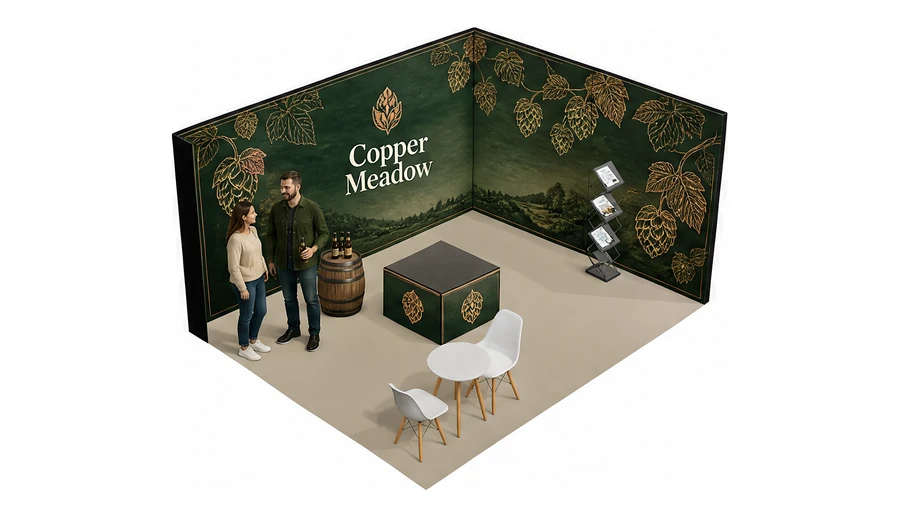 Stoisko 5 × 4 m narożne prawe dla branży browar rzemieślniczy, przykładowa marka Copper Meadow