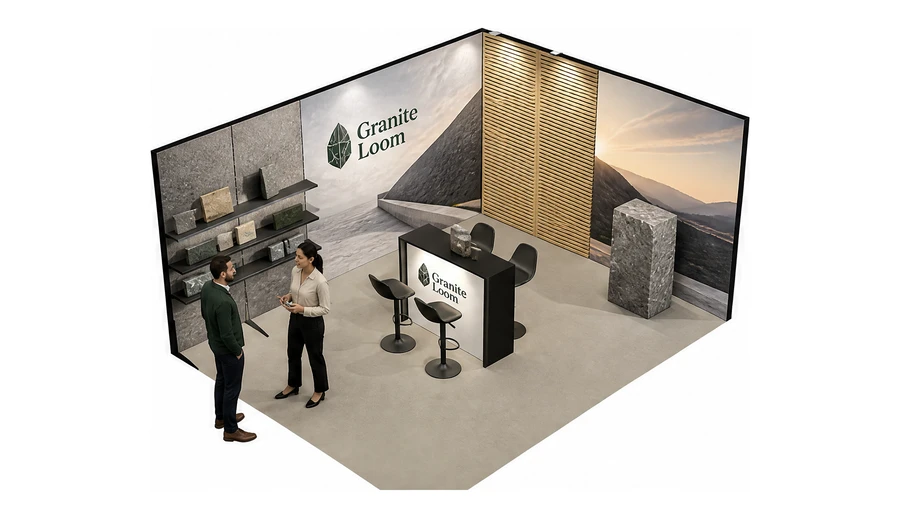 Stoisko 5 × 4 m narożne prawe dla branży kamień i kamieniarstwo, przykładowa marka Granite Loom
