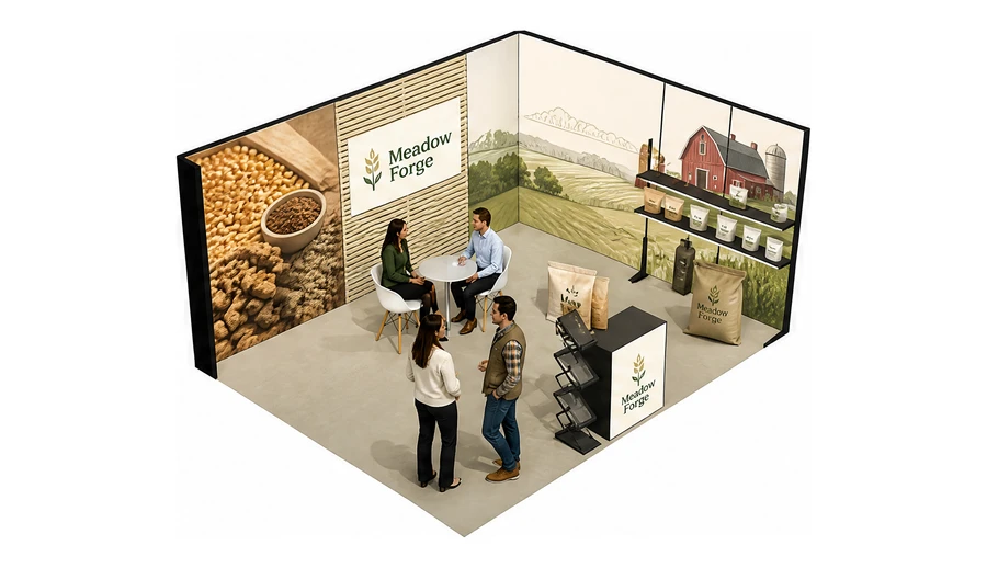 Stoisko 5 × 4 m narożne prawe dla branży hodowla i pasze, przykładowa marka Meadow Forge