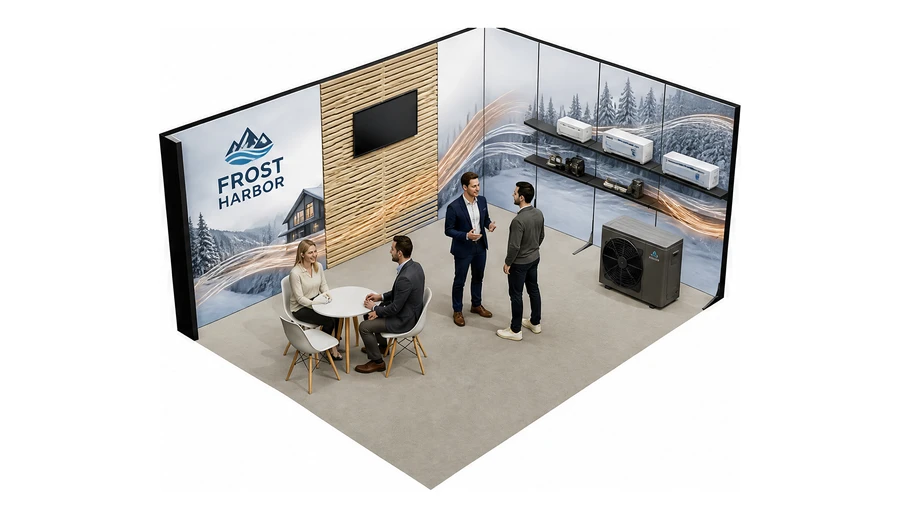 Stoisko 5 × 4 m narożne prawe dla branży pompy ciepła i ogrzewanie, przykładowa marka Frost Harbor