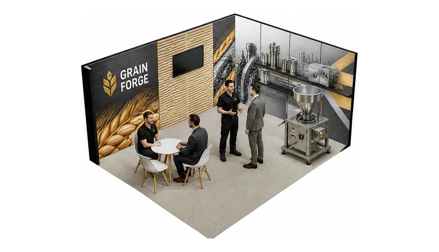 Stoisko 5 × 4 m narożne prawe dla branży technologie spożywcze, przykładowa marka Grain Forge