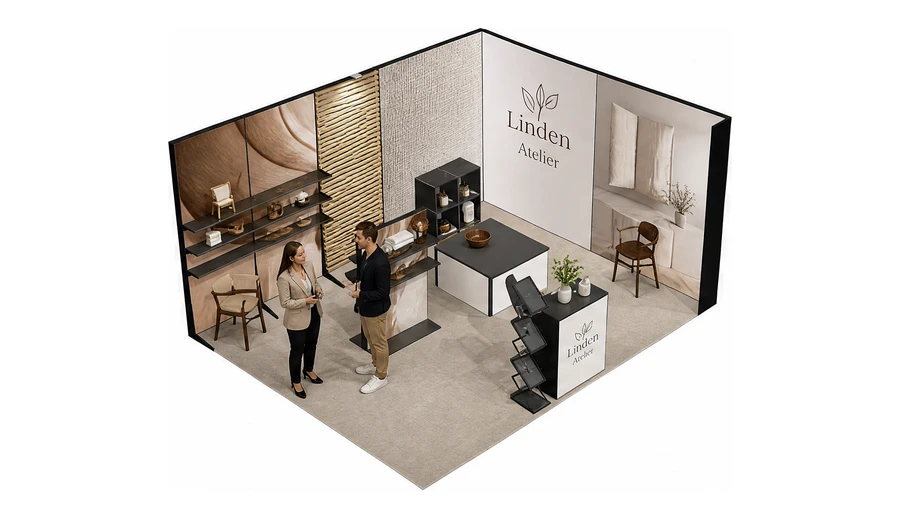 Stoisko 5 × 4 m narożne prawe dla branży meble designerskie, przykładowa marka Linden Atelier