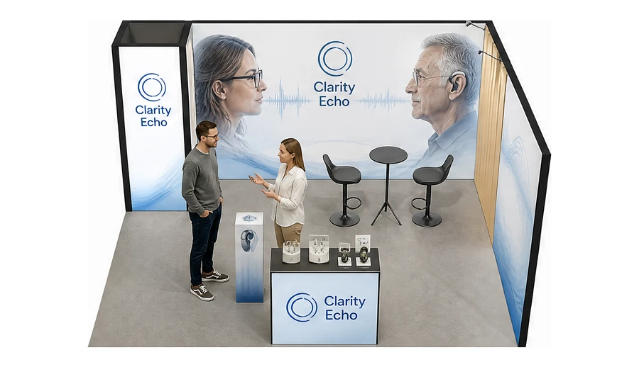 Stoisko 5 × 4 m narożne prawe dla branży optyka i audiologia, przykładowa marka Clarity Echo