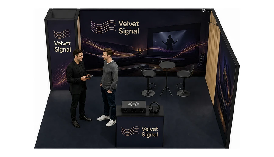 Stoisko 5 × 4 m narożne prawe dla branży sprzęt audio-video, przykładowa marka Velvet Signal