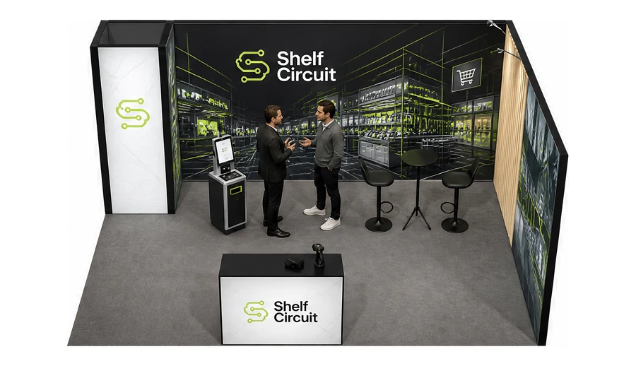 Stoisko 5 × 4 m narożne prawe dla branży technologie dla handlu, przykładowa marka Shelf Circuit