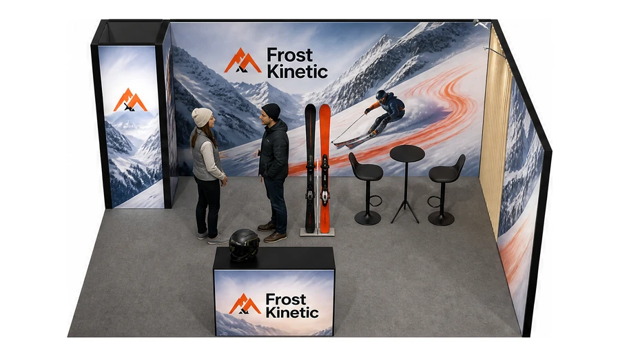 Stoisko 5 × 4 m narożne prawe dla branży narciarstwo i sporty zimowe, przykładowa marka Frost Kinetic