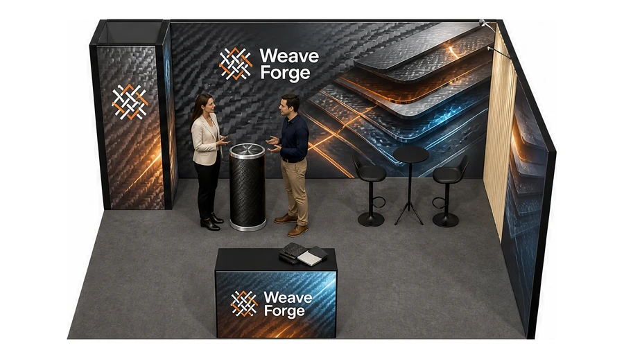 Stoisko 5 × 4 m narożne prawe dla branży materiały kompozytowe, przykładowa marka Weave Forge