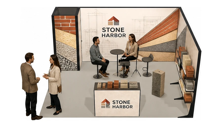 Stoisko 5 × 4 m narożne prawe dla branży materiały budowlane, przykładowa marka Stone Harbor