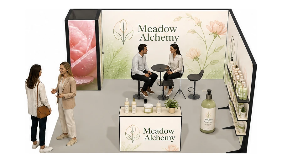 Stoisko 5 × 4 m narożne prawe dla branży kosmetyki naturalne, przykładowa marka Meadow Alchemy