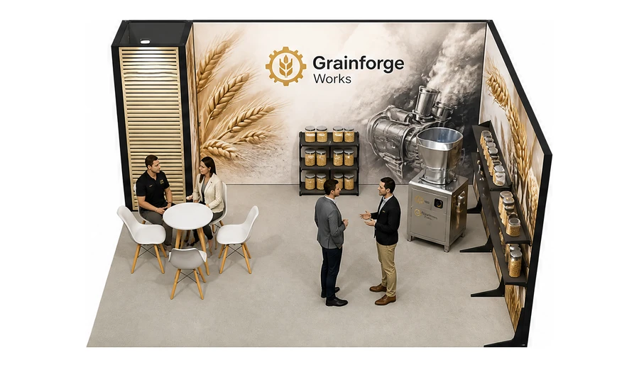 Stoisko 5 × 4 m narożne prawe dla branży technologie spożywcze, przykładowa marka Grainforge Works