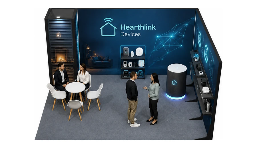 Stoisko 5 × 4 m narożne prawe dla branży smart home i IoT, przykładowa marka Hearthlink Devices