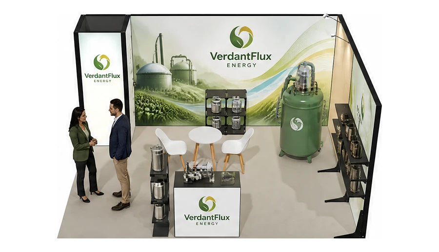 Stoisko 5 × 4 m narożne prawe dla branży biogaz i OZE, przykładowa marka VerdantFlux Energy