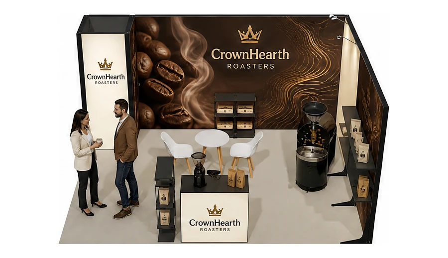 Stoisko 5 × 4 m narożne prawe dla branży palarnia kawy, przykładowa marka CrownHearth Roasters
