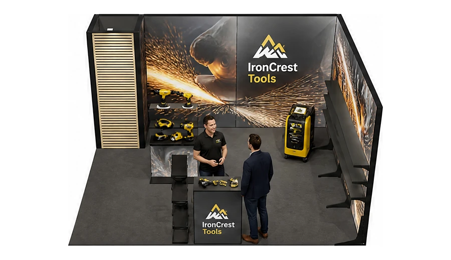Stoisko 5 × 4 m narożne prawe dla branży elektronarzędzia, przykładowa marka IronCrest Tools