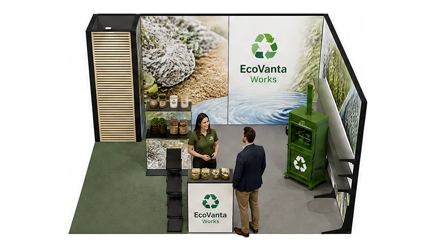 Stoisko 5 × 4 m narożne prawe dla branży recykling i ochrona środowiska, przykładowa marka EcoVanta Works