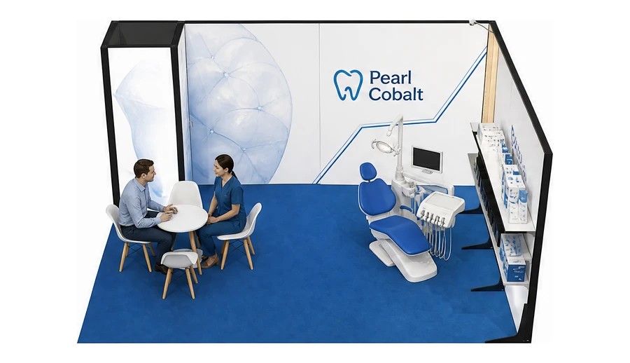 Stoisko 5 × 4 m narożne prawe dla branży stomatologia, przykładowa marka Pearl Cobalt
