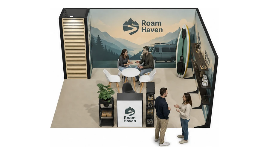 Stoisko 5 × 4 m narożne prawe dla branży caravaning i kampery, przykładowa marka Roam Haven