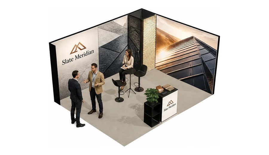 Stoisko 5 × 4 m narożne prawe dla branży dachy i elewacje, przykładowa marka Slate Meridian