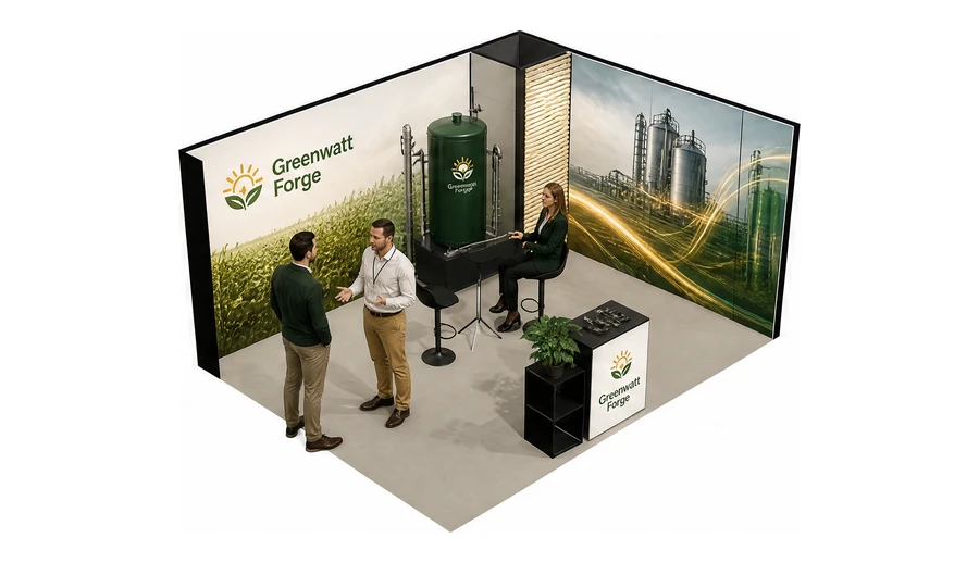 Stoisko 5 × 4 m narożne prawe dla branży biogaz i OZE, przykładowa marka Greenwatt Forge