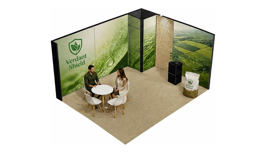 Stoisko 5 × 4 m narożne prawe dla branży nawozy i ochrona roślin, przykładowa marka Verdant Shield