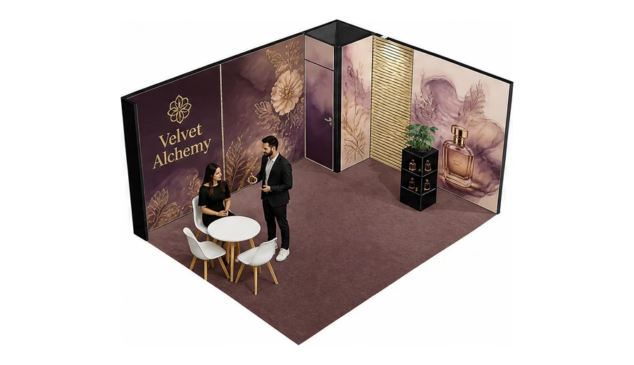 Stoisko 5 × 4 m narożne prawe dla branży perfumy, przykładowa marka Velvet Alchemy