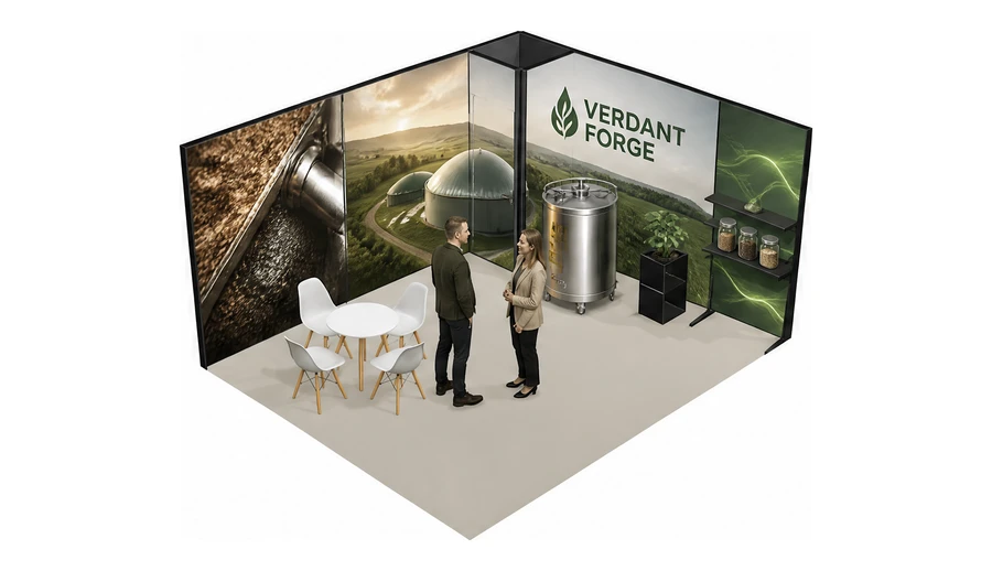 Stoisko 5 × 4 m narożne prawe dla branży biogaz i OZE, przykładowa marka Verdant Forge
