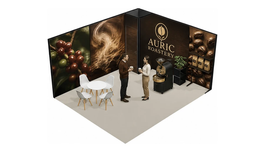 Stoisko 5 × 4 m narożne prawe dla branży palarnia kawy, przykładowa marka Auric Roastery