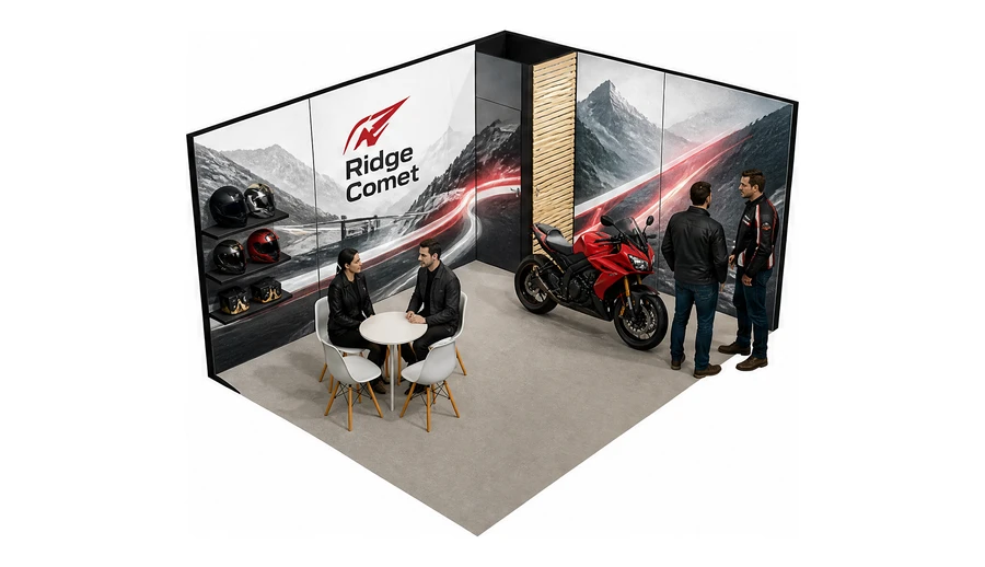 Stoisko 5 × 4 m narożne prawe dla branży motocykle i skutery, przykładowa marka Ridge Comet