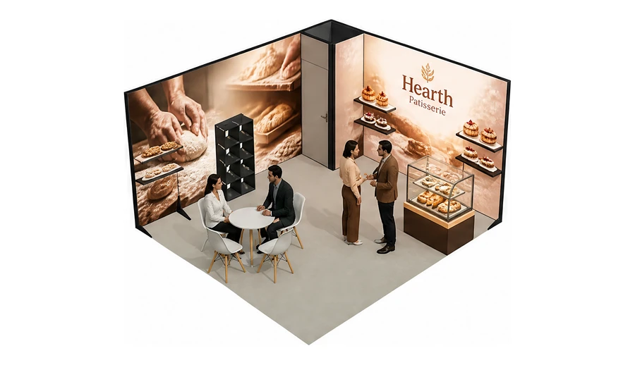 Stoisko 5 × 4 m narożne prawe dla branży piekarnictwo i cukiernictwo, przykładowa marka Hearth Patisserie