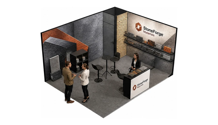 Stoisko 5 × 4 m narożne prawe dla branży materiały budowlane, przykładowa marka StoneForge Materials