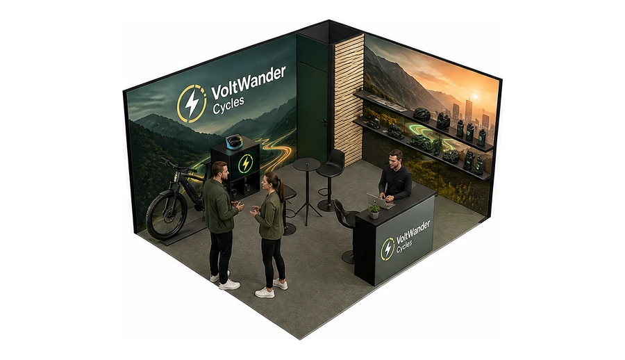 Stoisko 5 × 4 m narożne prawe dla branży rowery elektryczne, przykładowa marka VoltWander Cycles