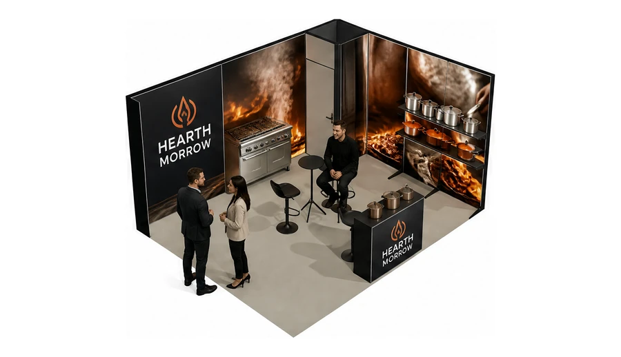 Stoisko 5 × 4 m narożne prawe dla branży wyposażenie gastronomii, przykładowa marka Hearth Morrow