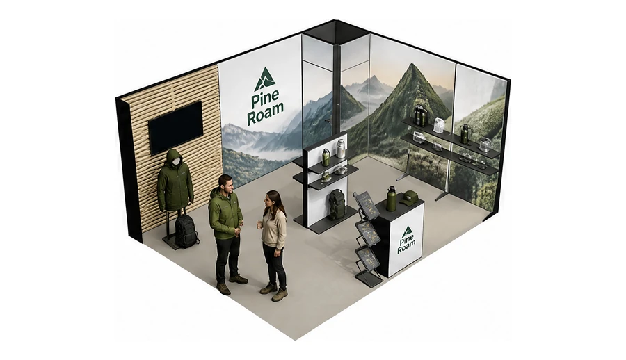 Stoisko 5 × 4 m narożne prawe dla branży odzież i sprzęt outdoorowy, przykładowa marka Pine Roam