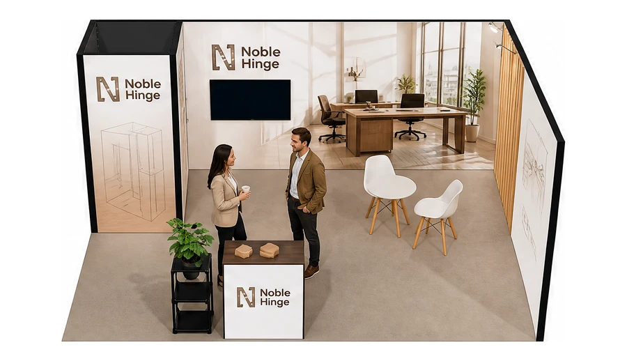 Stoisko 5 × 4 m narożne prawe dla branży meble biurowe, przykładowa marka Noble Hinge